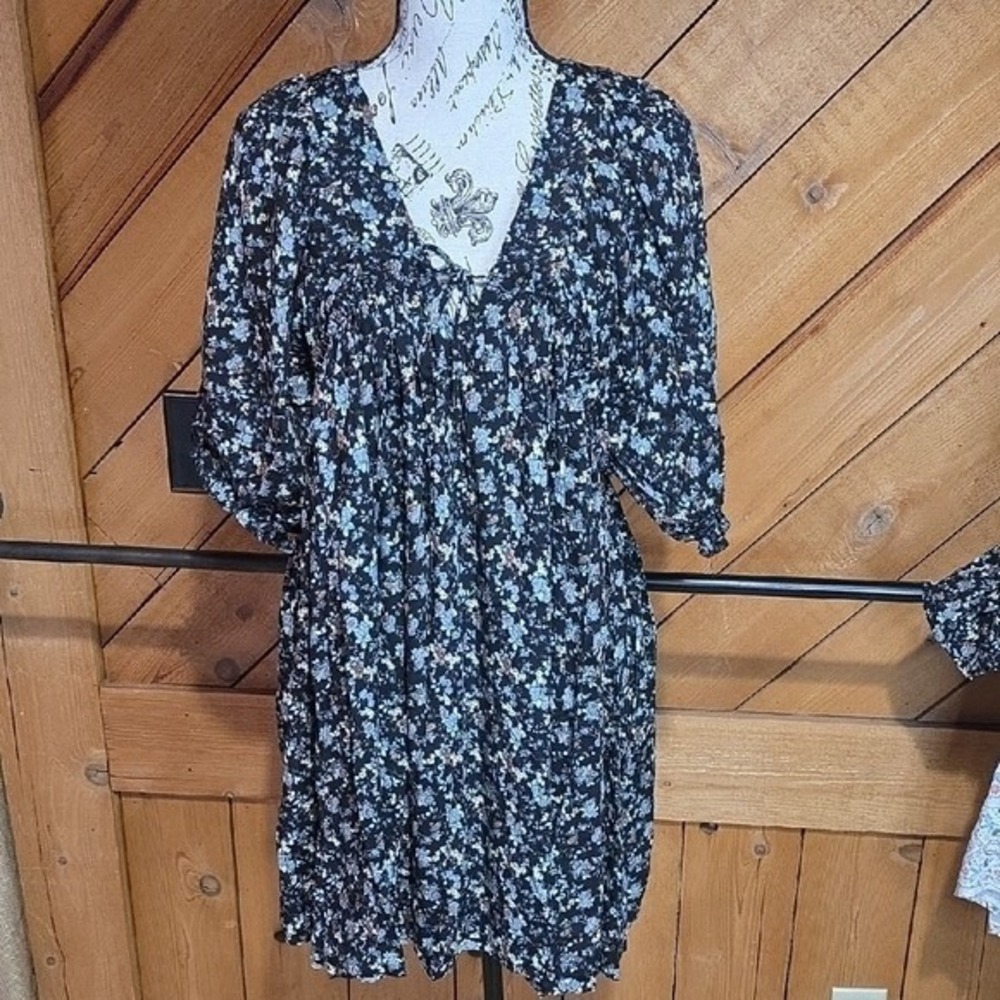Luna Vee Womens Black Blue Ditsy Floral V-Neck Babydoll Mini Dress Size Medium